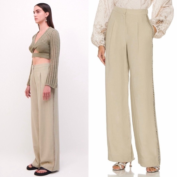 JONATHAN SIMKHAI Khaki Sage Linen High Rise Wide Leg Crochet Trim Trousers 10 - Picture 5 of 11